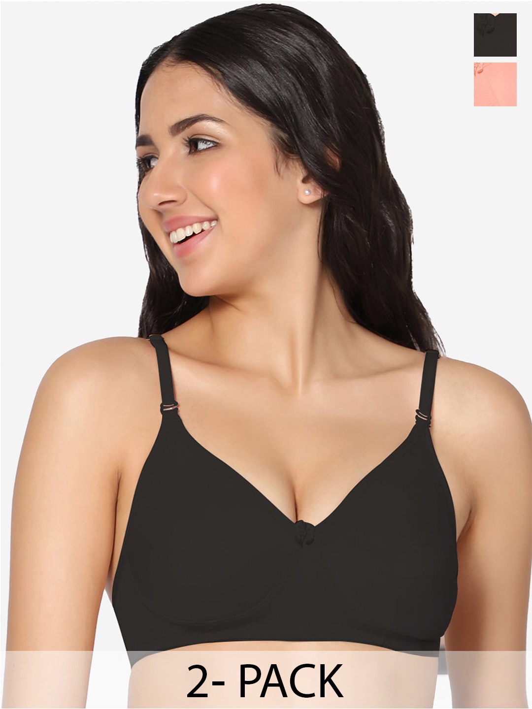 

In Care Pack Of 2 Full Coverage Pure Cotton T-shirt Bra With All Day Comfort, Black