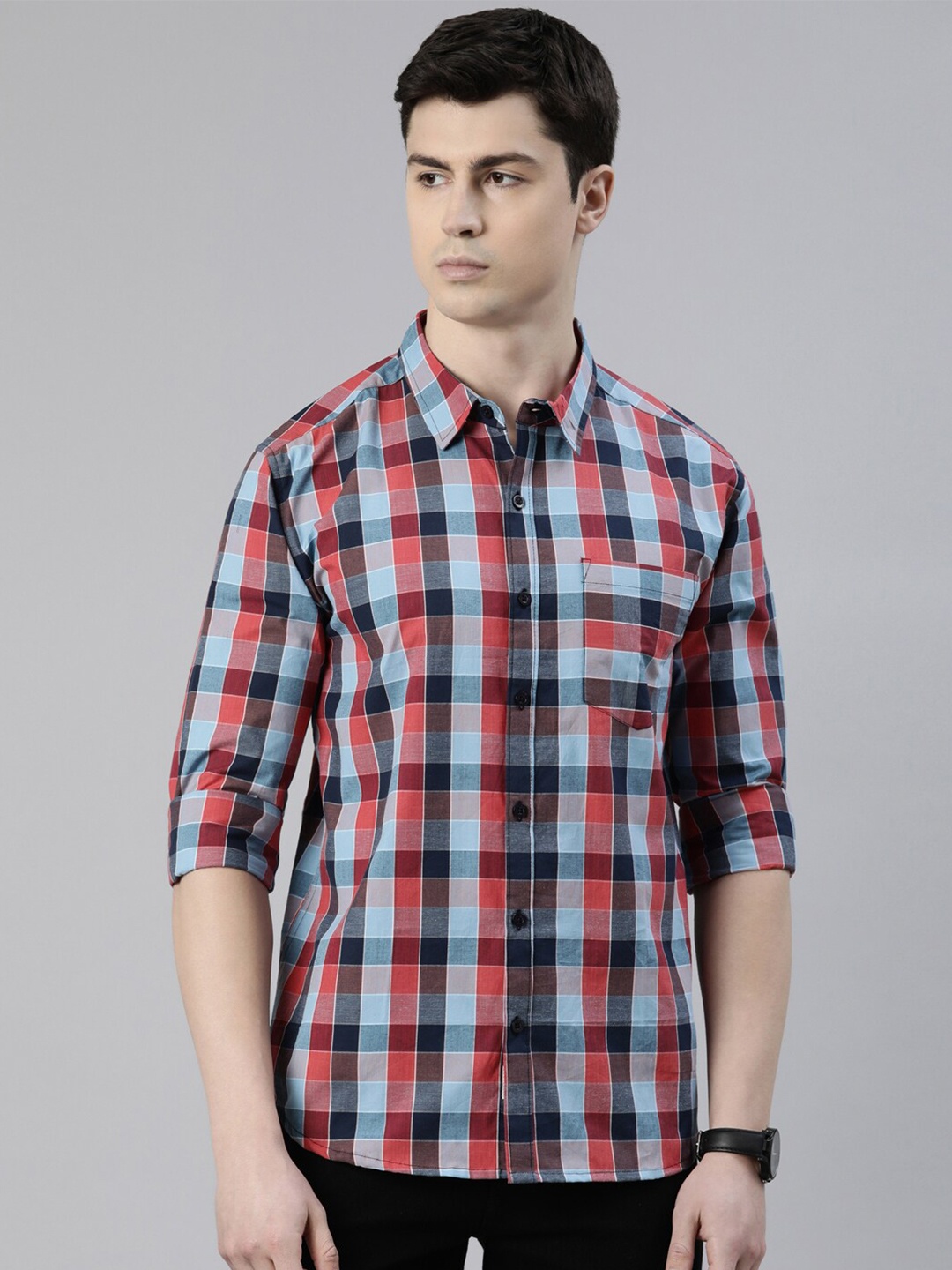 

Joven Slim Fit Tartan Checked Spread Collar Casual Shirt, Blue
