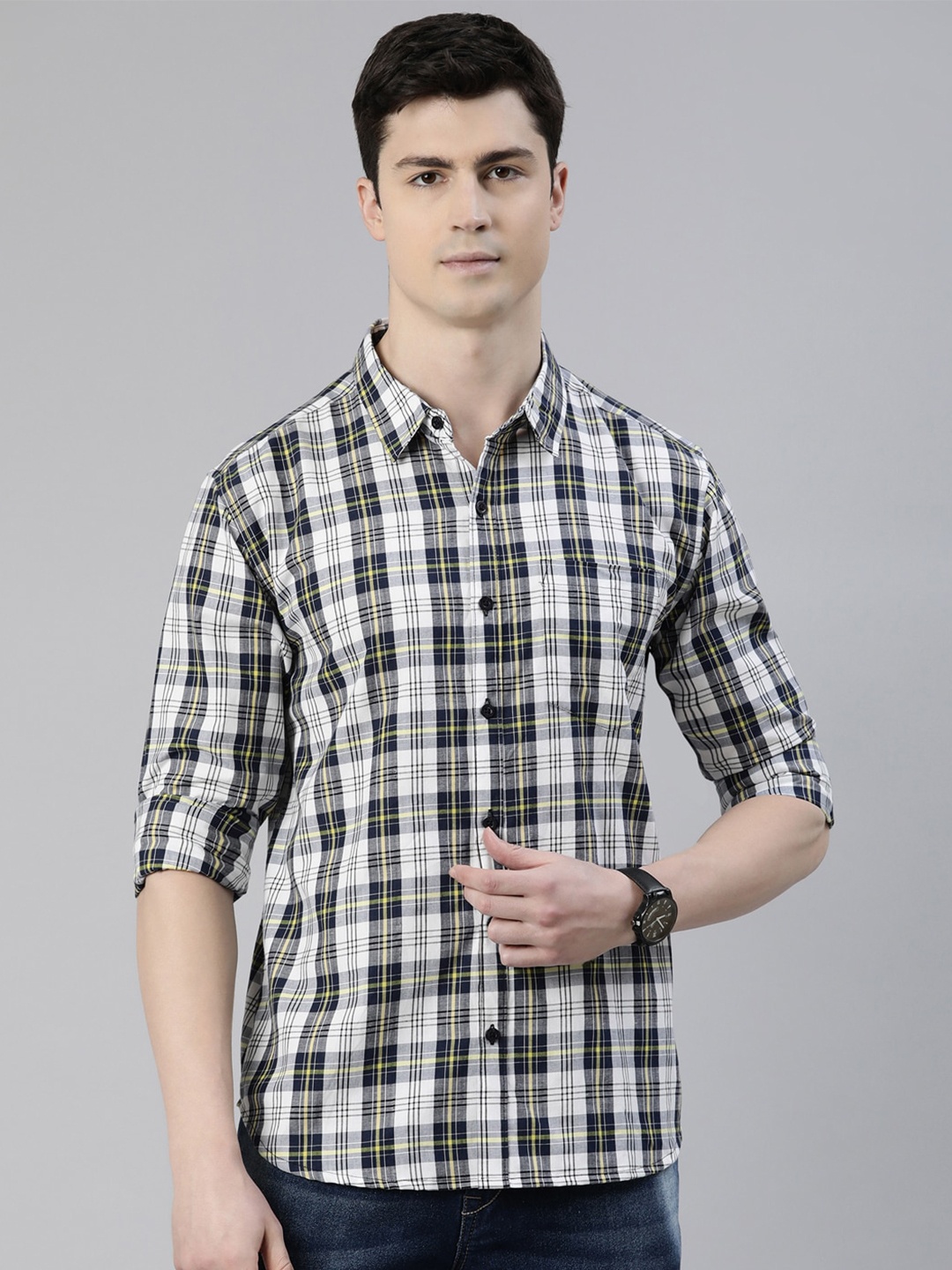 

Joven Slim Fit Tartan Checks Pure Cotton Casual Shirt, Navy blue