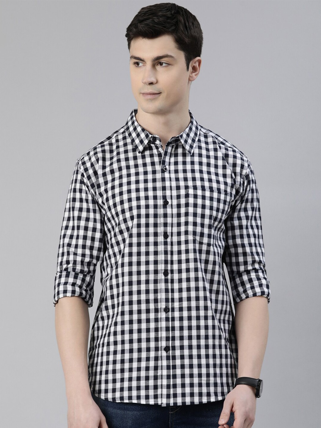 

Joven Slim Fit Gingham Checked Spread Collar Cotton Casual Shirt, Black