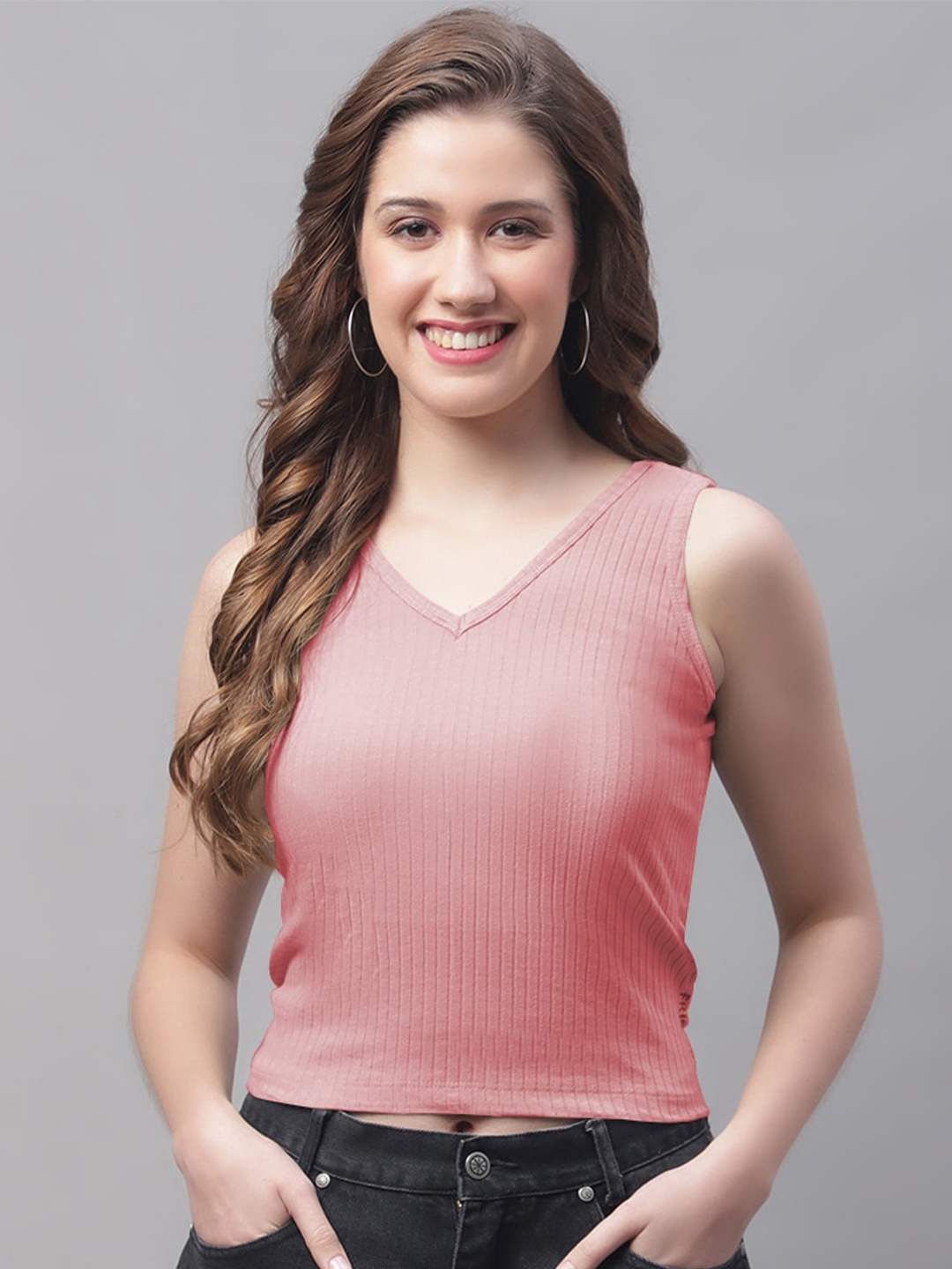 

Friskers V-Neck Sleeveless Fitted Crop Top, Coral