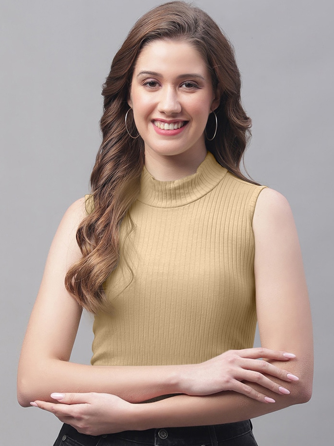 

Friskers High Neck Fitted Crop Top, Beige
