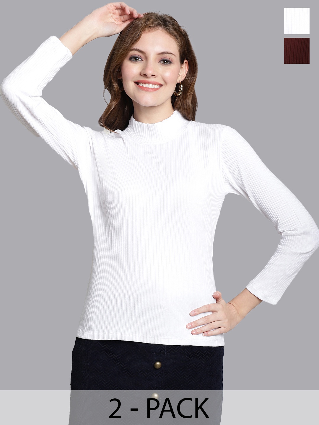 

Friskers Pack Of 2 Vertical Stripes High Neck Fitted Top, Maroon
