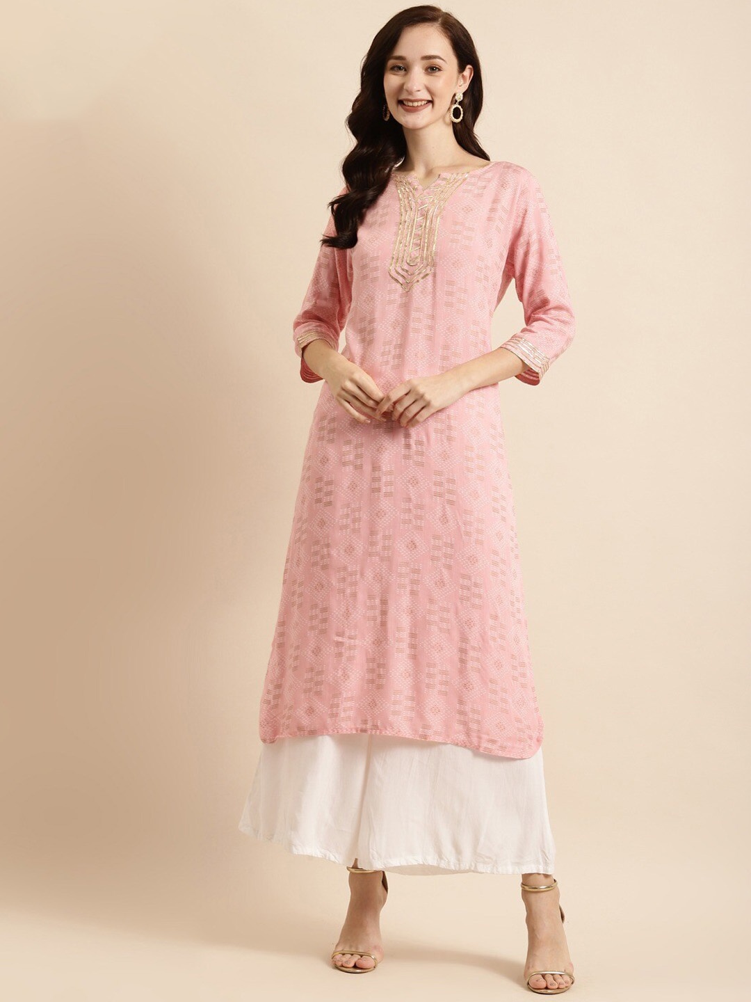 

RANGMAYEE Geometric Printed Round Neck With A Notch Thread Work Liva Straight Kurta, Pink