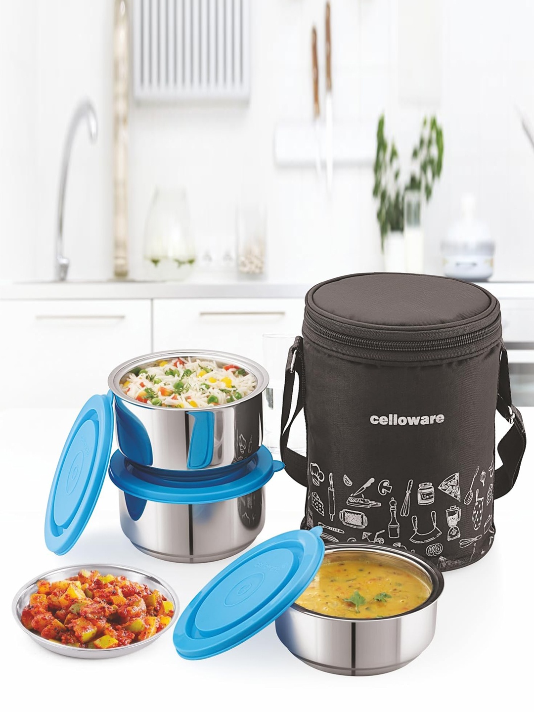 

Cello MF Set of 3 Blue Thermostyle Stainless Steel Insulated Lunch box with Jacket