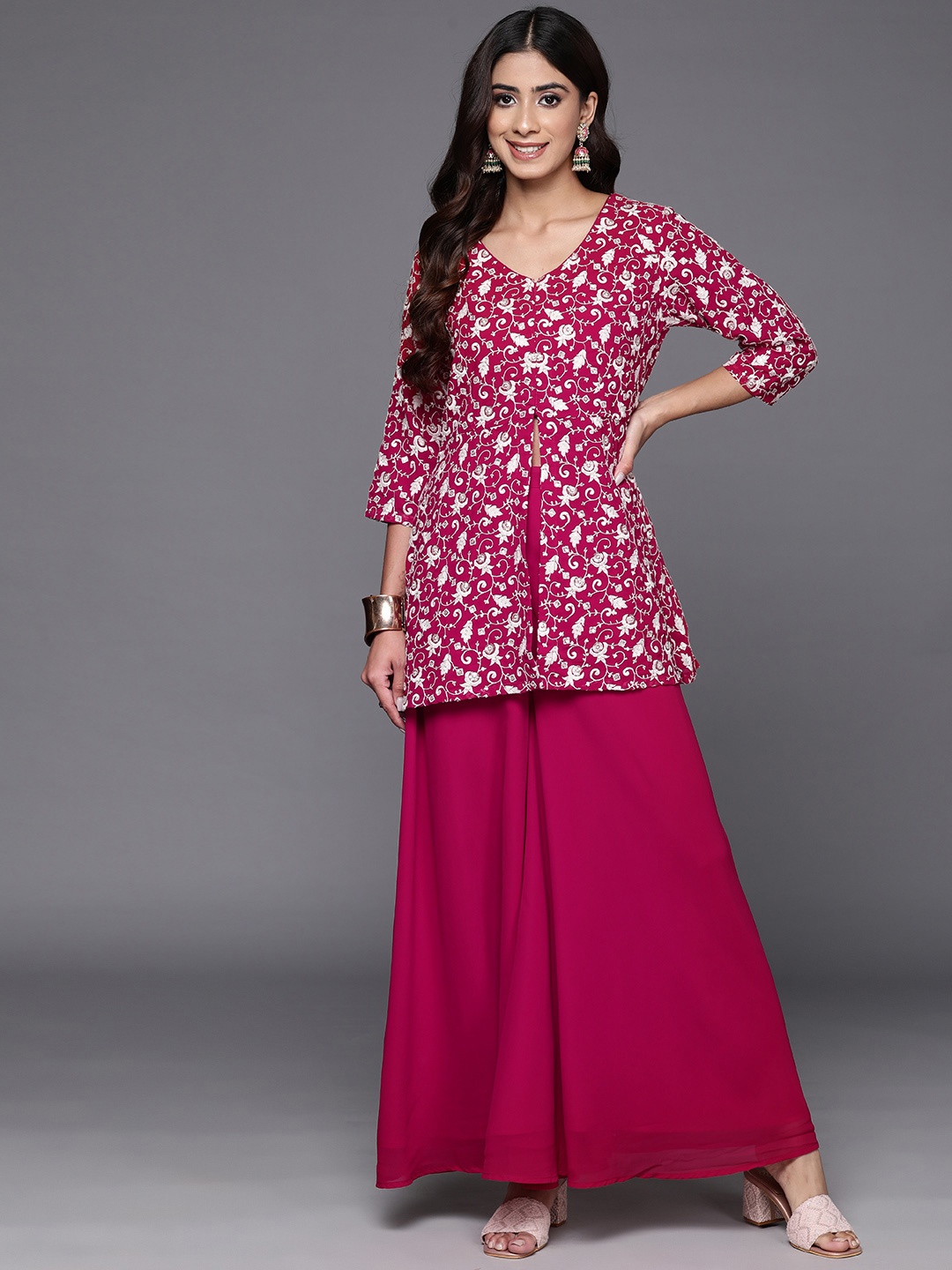 

Libas Embroidered Georgette Ethnic Tunic with Palazzos, Pink