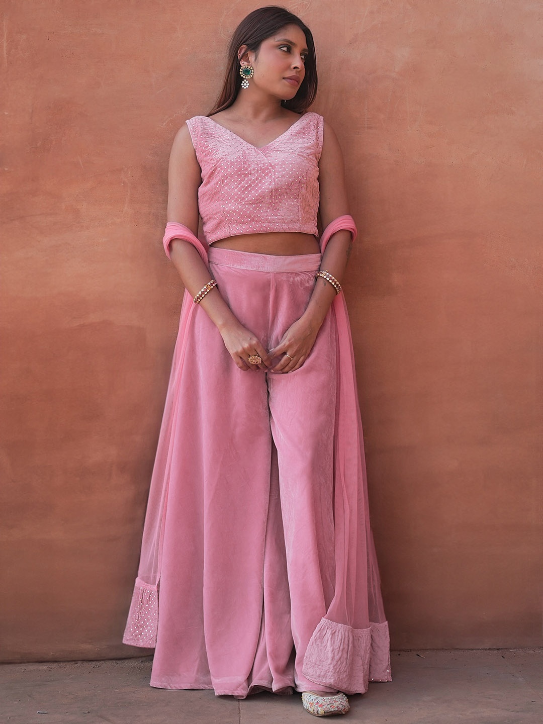 

Libas Embellished Velvet Crop Top with Palazzos & Dupatta, Pink