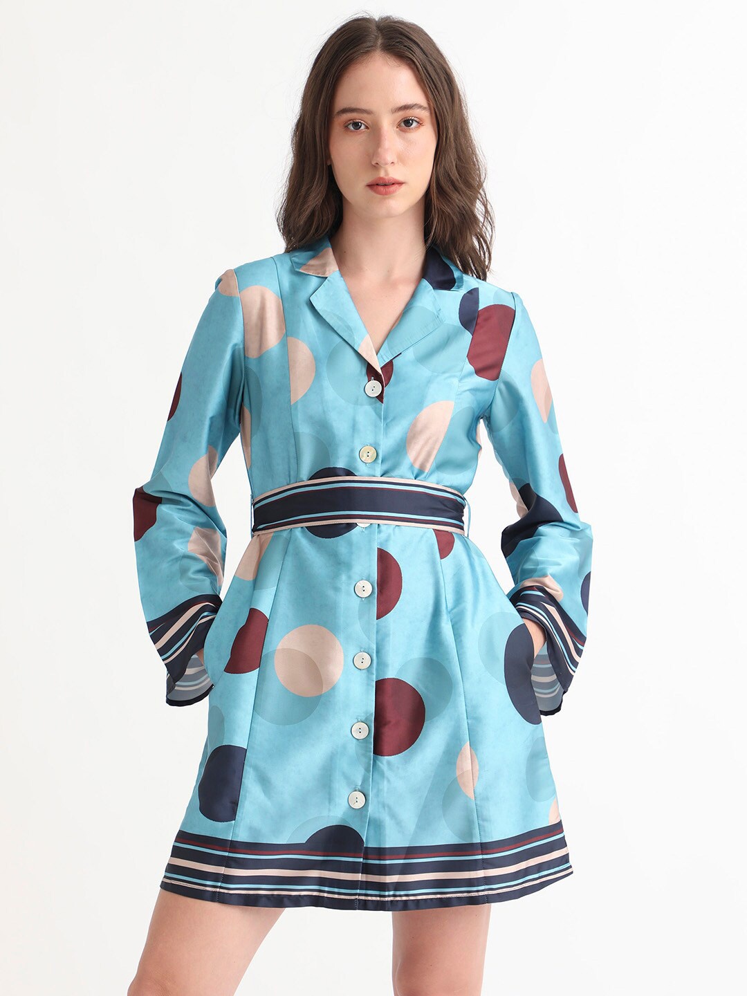 

RAREISM Buffe Polka Dot Printed Belted Mini Shirt Dress, Blue