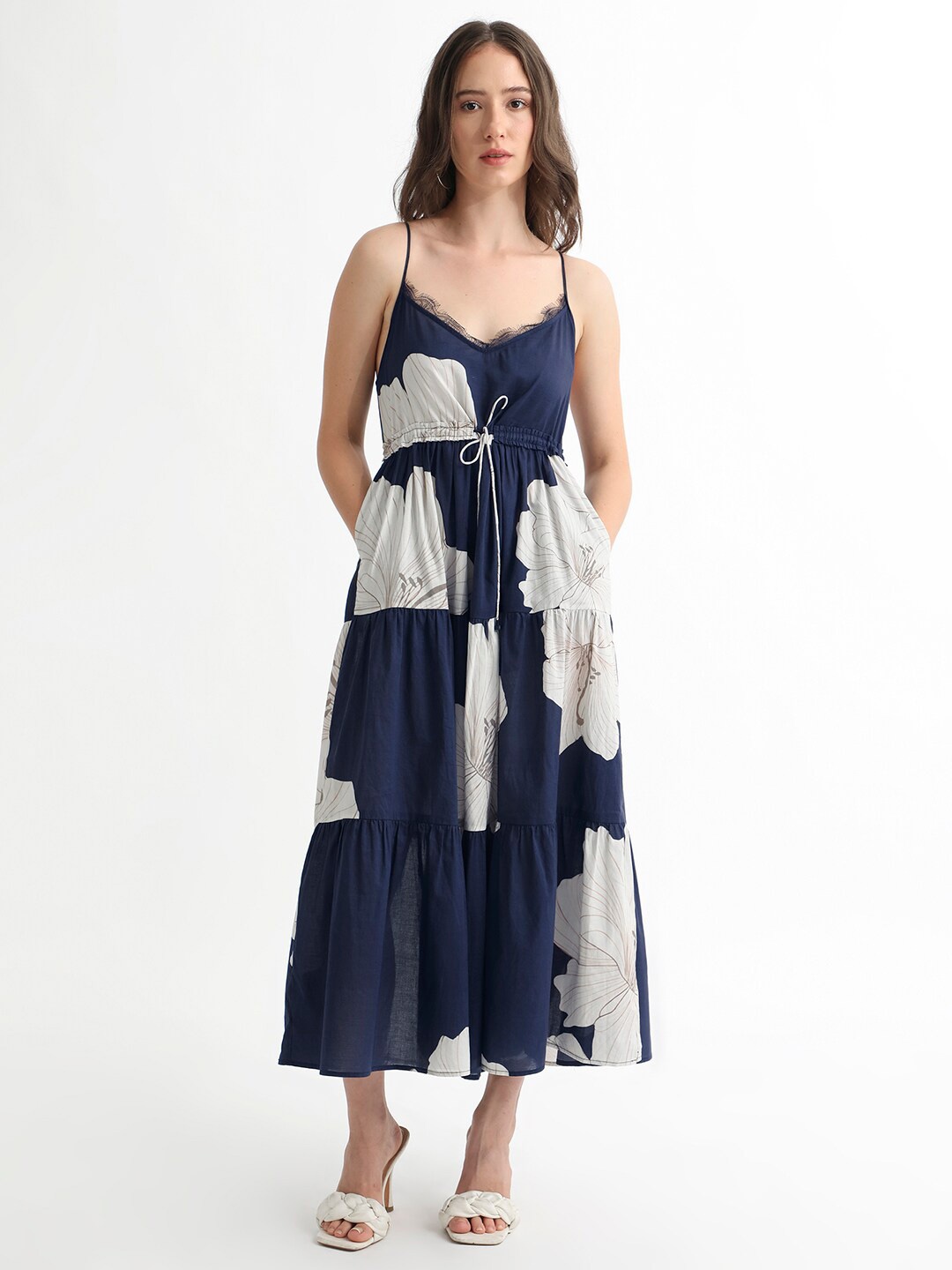 

RAREISM Acker Floral Printed Tie-Ups Tiered Cotton Midi A-Line Dress, Navy blue