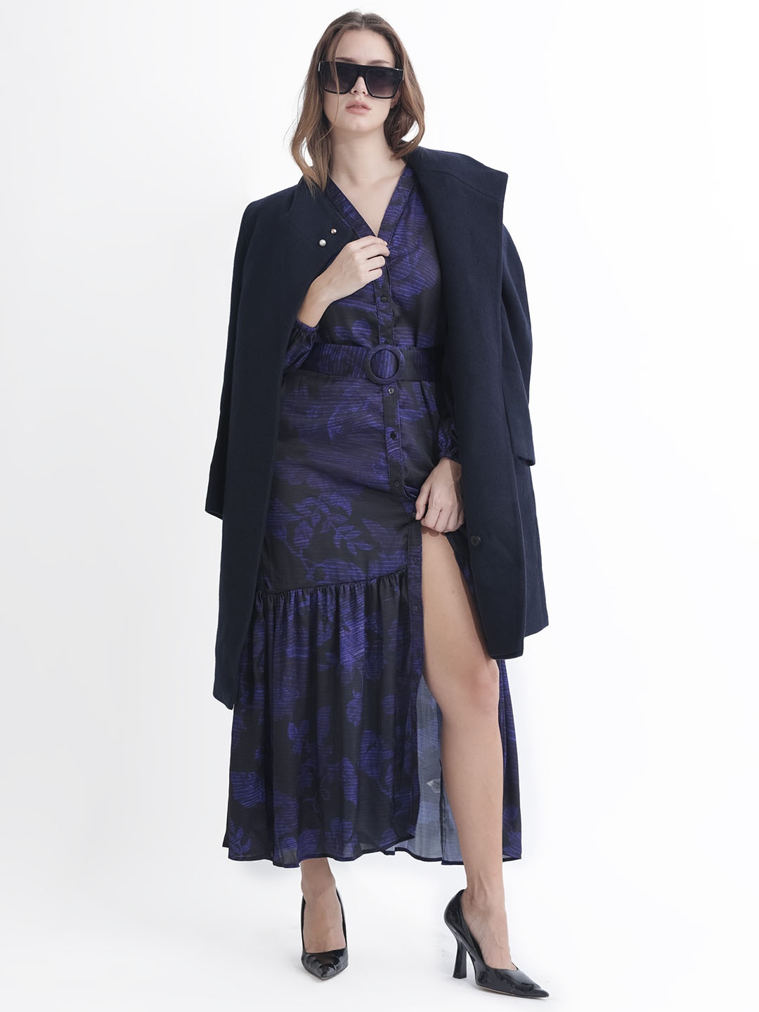 

RAREISM Rupper Floral Printed Puff Sleeves Belted A-Line Tiered Midi Dress, Navy blue