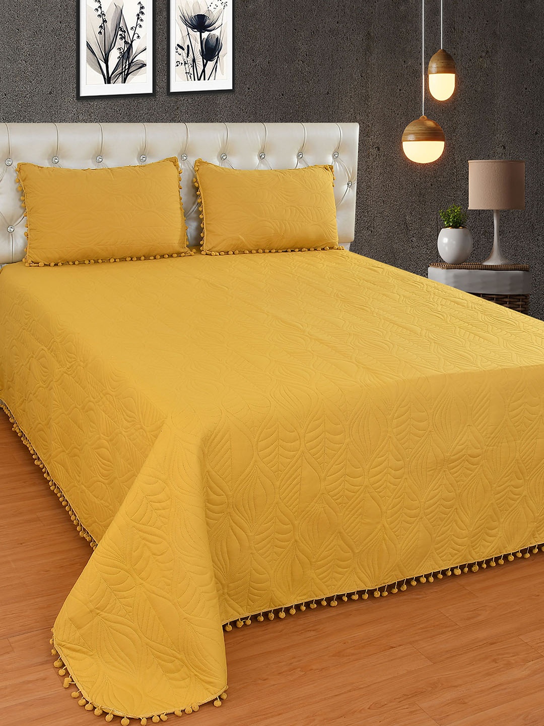 

MORADO Mustard Yellow Woven Design 249 TC Double Queen Bed Cover With 2 Pillow Covers