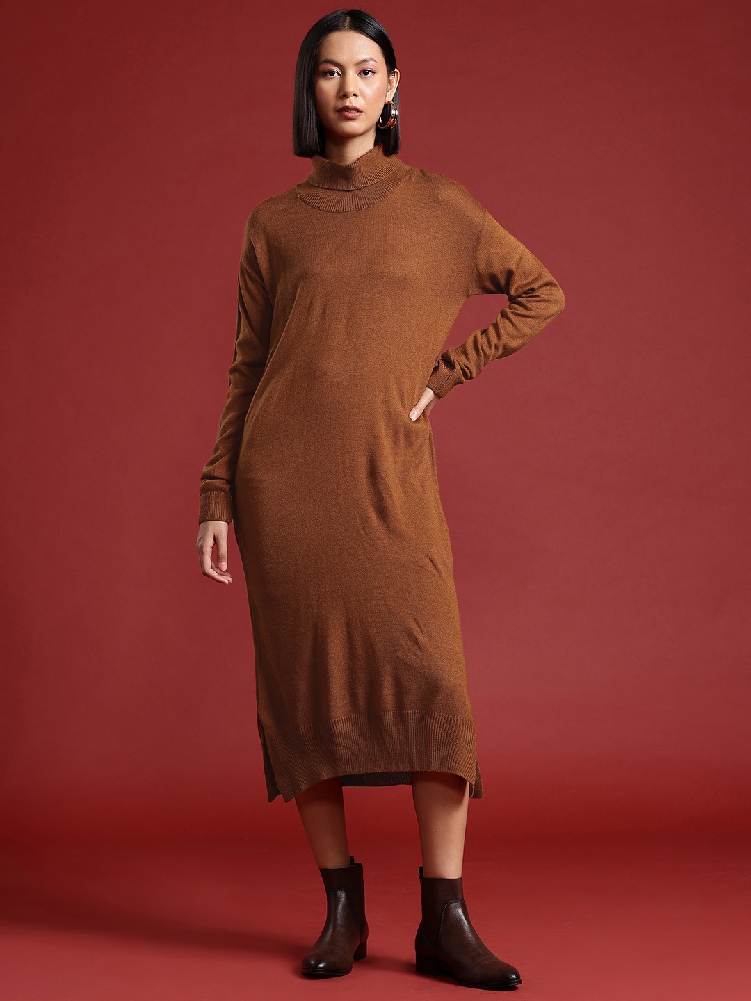 

all about you Acrylic Sweater Midi Dress, Brown