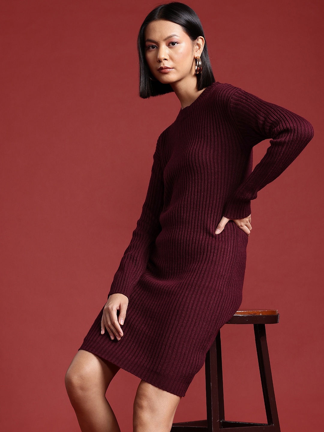 

all about you Ribbed Acrylic Sweater Dress, Burgundy