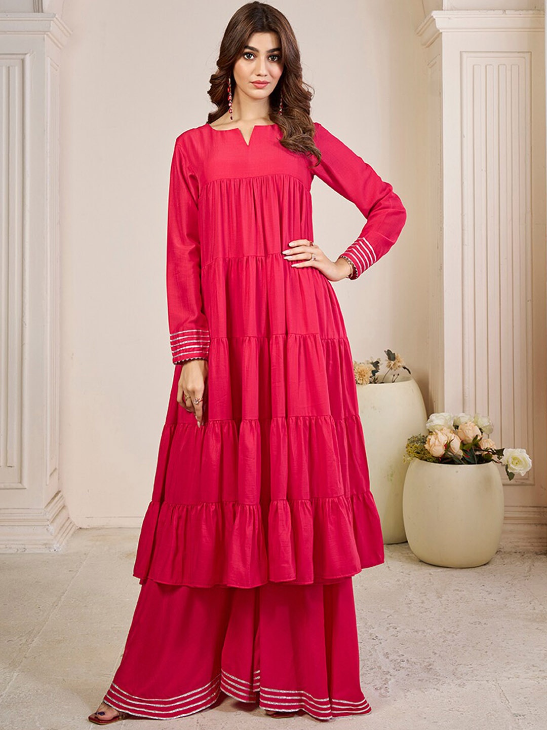 

Inddus Tiered Gotta Patti Kurta with Sharara, Magenta