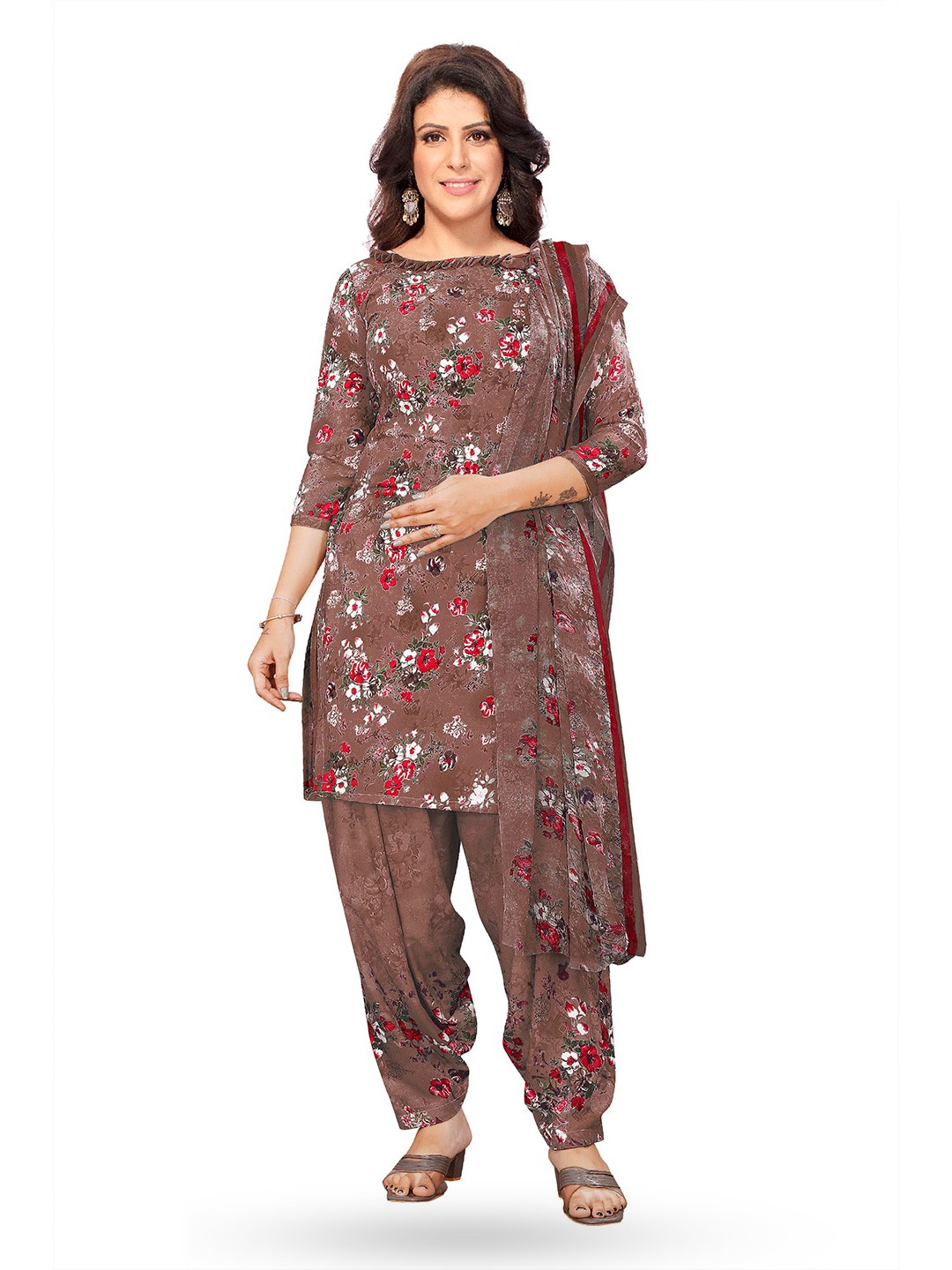 

SALWAR STUDIO Floral Printed Unstitched Dress Material, Brown