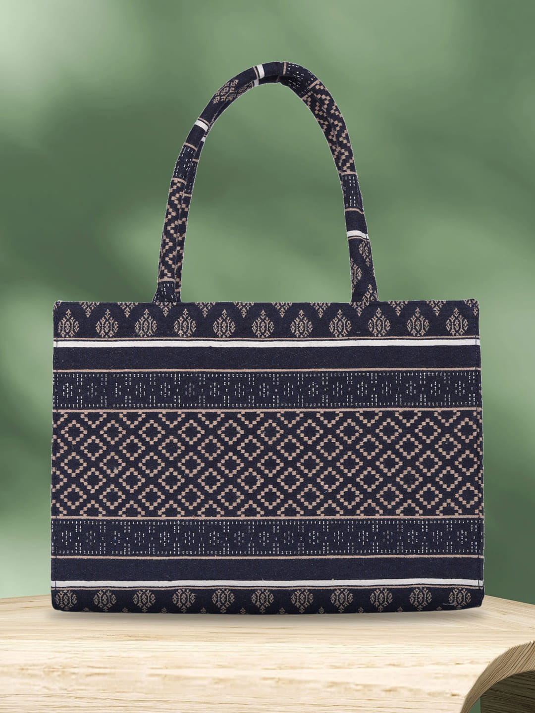 

MINI WESST Ethnic Motifs Printed Structured Tote Bag, Navy blue