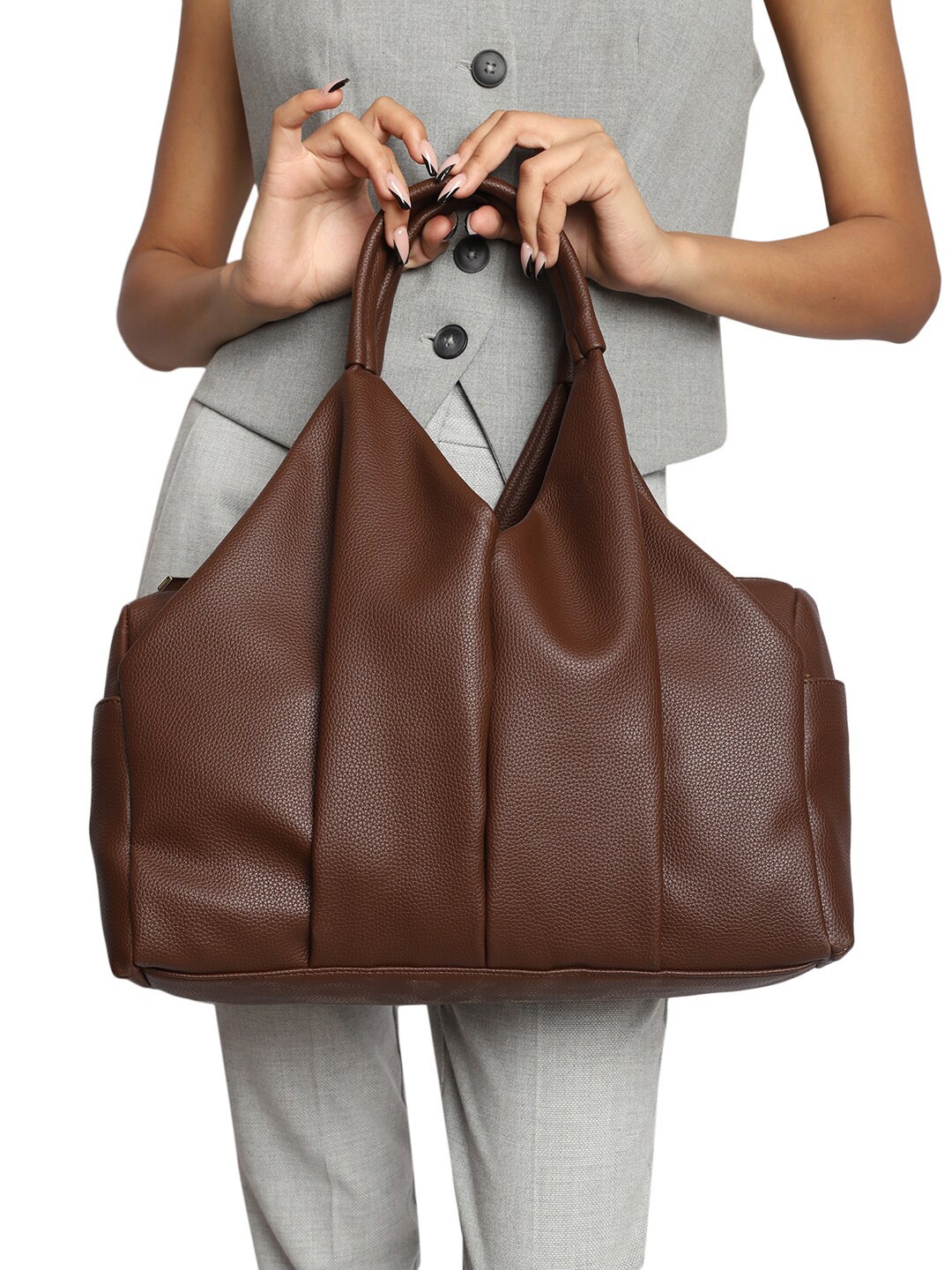 

MINI WESST Textured Oversized Structured Hobo Bag, Brown