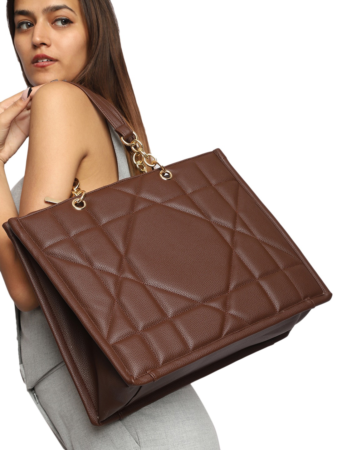 

MINI WESST Textured Structured Handheld Bag with Quilted Up to 16 inch, Brown