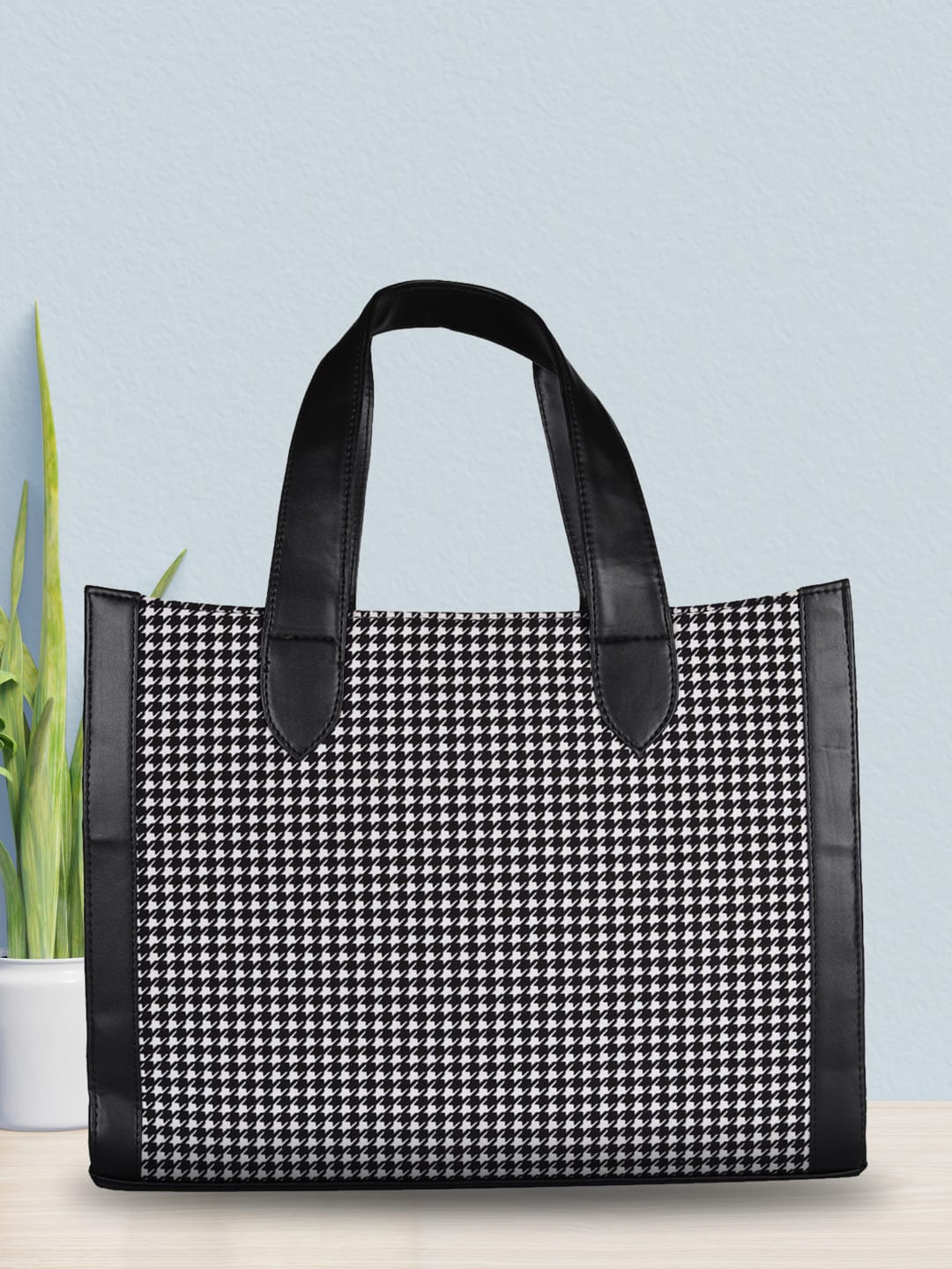 

MINI WESST Checked Structured Handheld Bag Up to 16 inch, Black