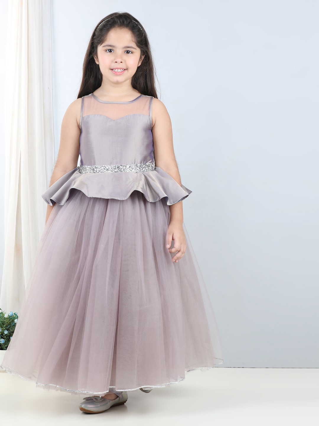 

Toy Balloon kids Embellished Net Fit & Flare Maxi Dress, Grey melange