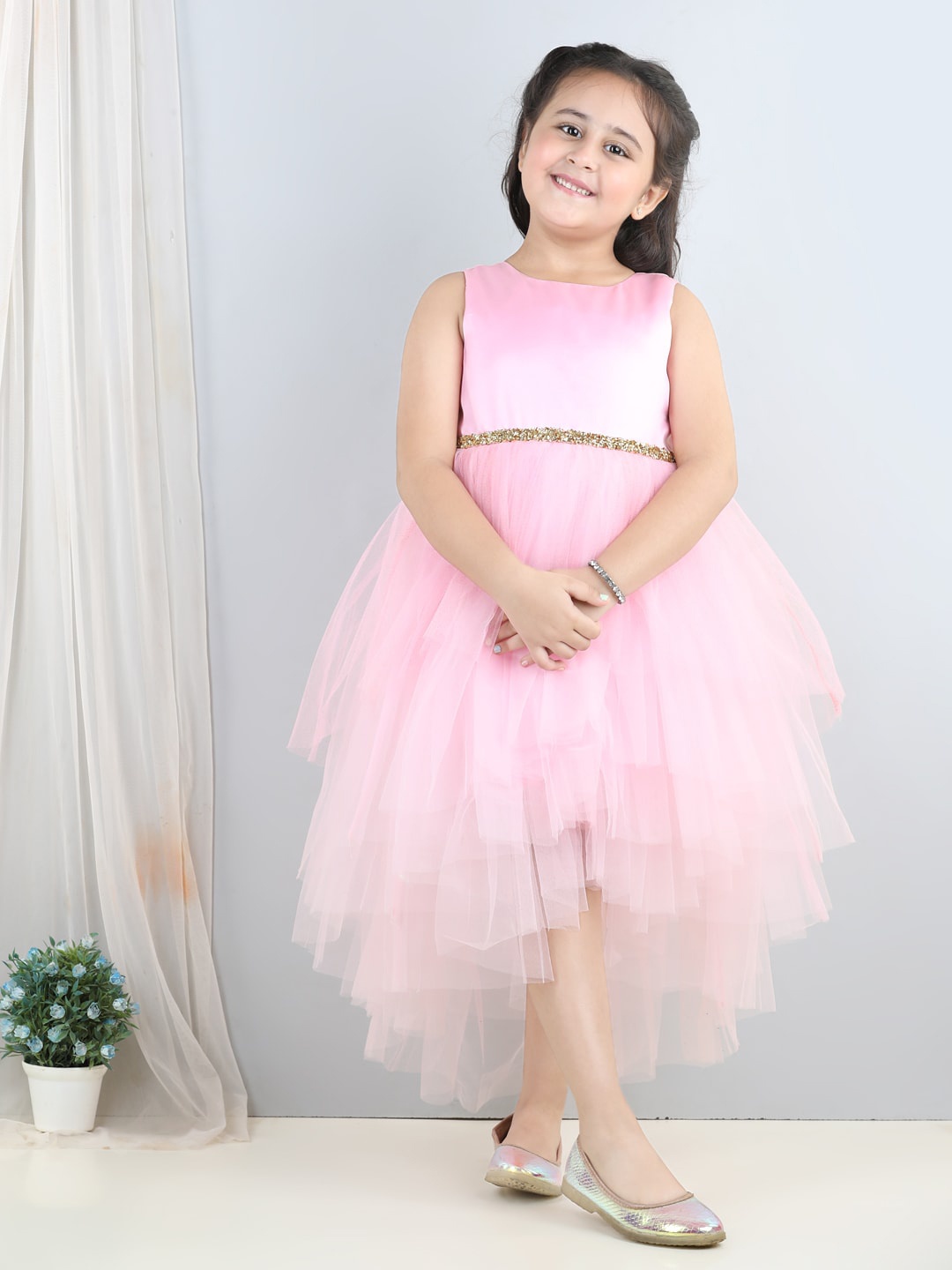 

Toy Balloon kids Round Neck Net Fit & Flare Midi Dress, Pink