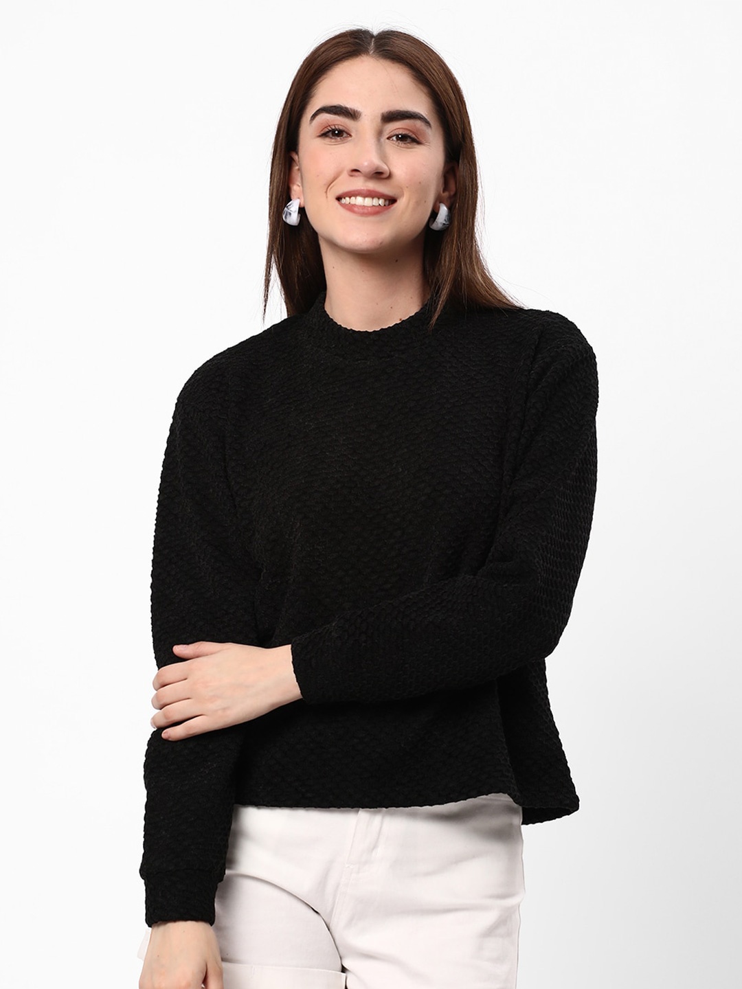 

R&B Self Design Round Neck Pullover Sweater, Black