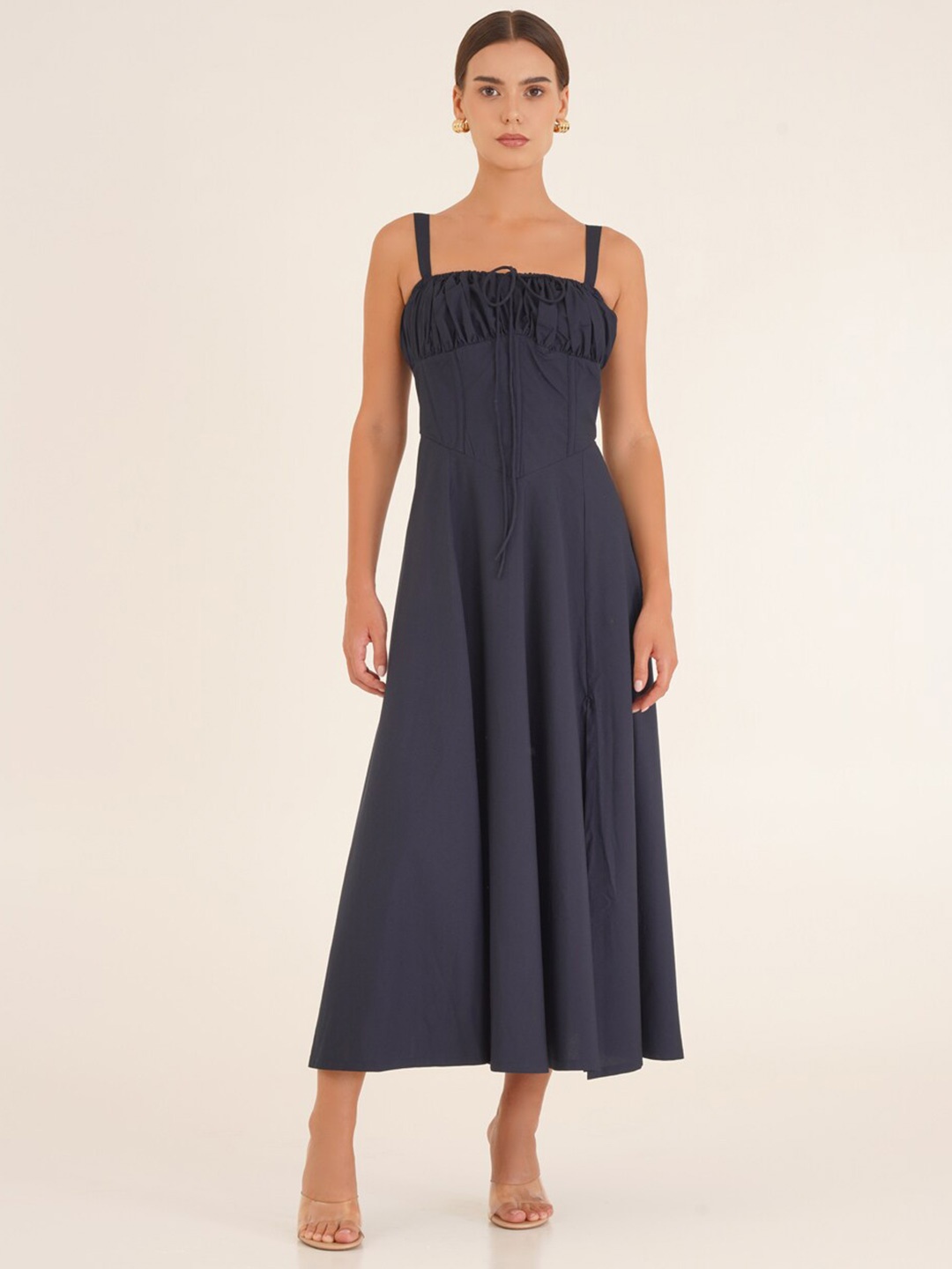 

Ipso Facto Shoulder Straps Tie-Ups Cotton A-Line Midi Dress, Navy blue