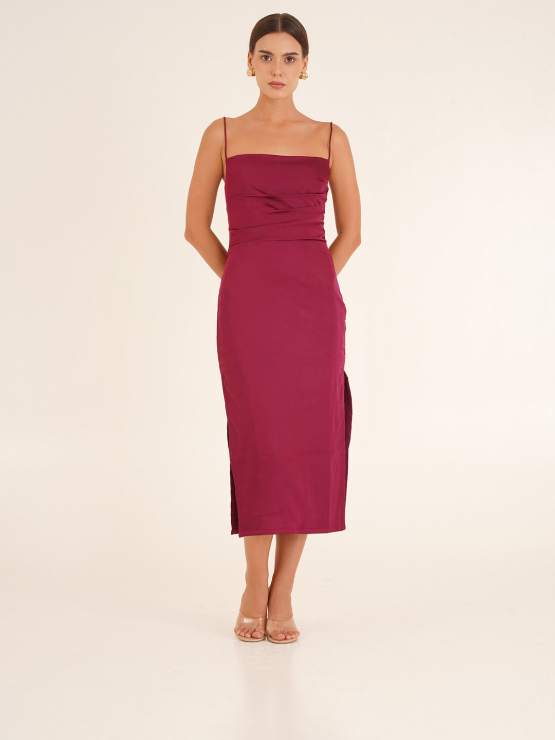 

Ipso Facto Shoulder Straps Cut-Out Sheath Midi Dress, Maroon