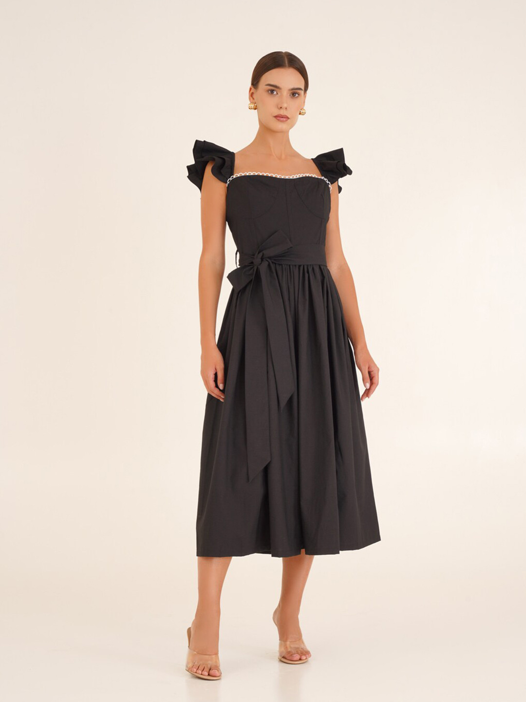 

Ipso Facto Square Neck Flutter Sleeves Gathered Cotton Fit & Flare Midi Dress, Black