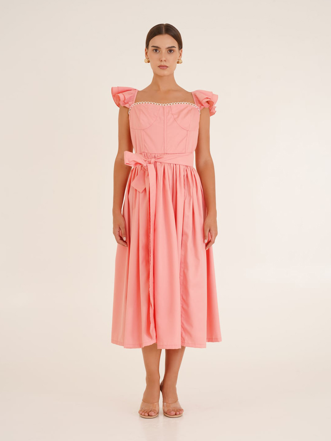 

Ipso Facto Peach-Coloured Fit & Flare Midi Dress