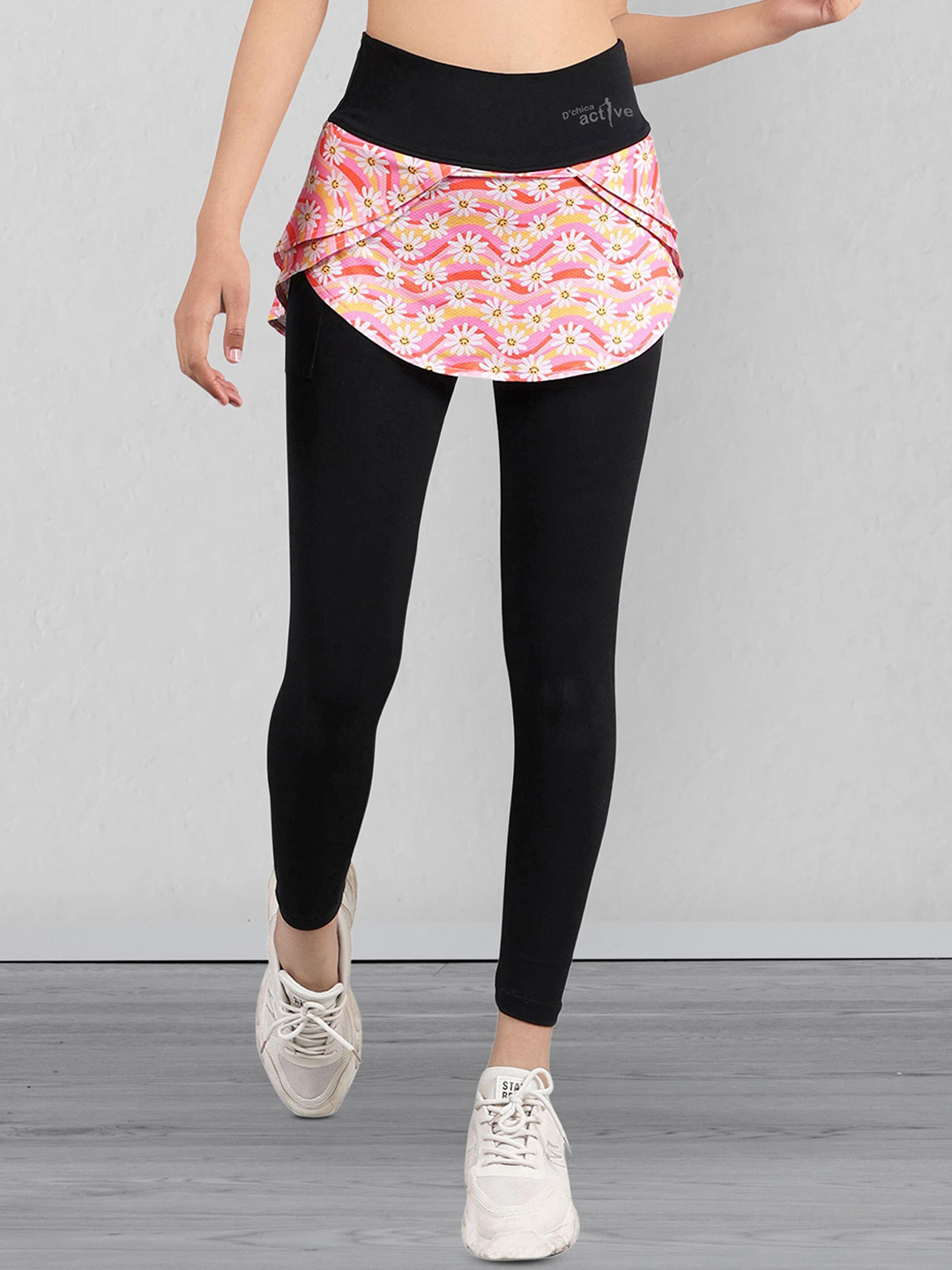 

DChica Women Comfort-Fit Ankle Length Gym Tights With Attached Skirt, Peach