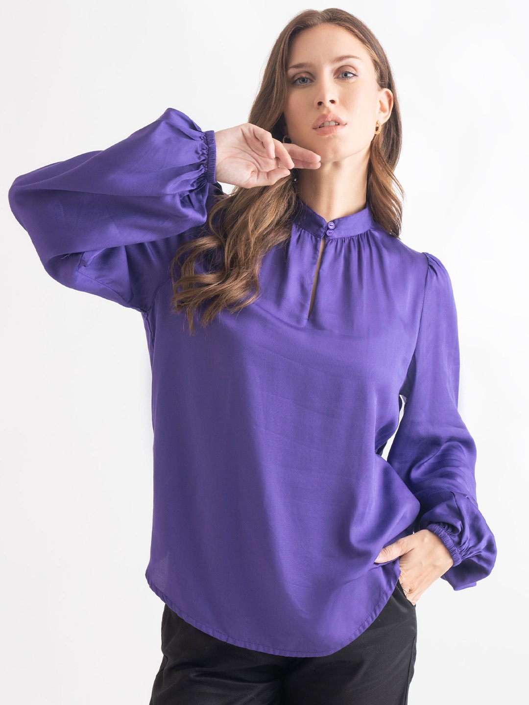 

B.Copenhagen Puff Sleeves Band Collar Top, Violet