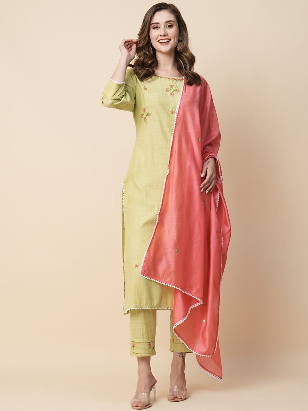 

Kiana House Of Fashion Ethnic Motifs Embroidered Regular Thread Work Kurta With Trousers & Dupatta, Green
