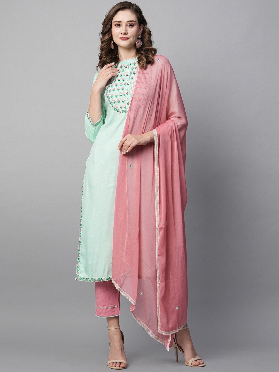 

Kiana Floral Yoke Design Thread Work Pure Cotton Kurta with Trousers & Dupatta, Blue