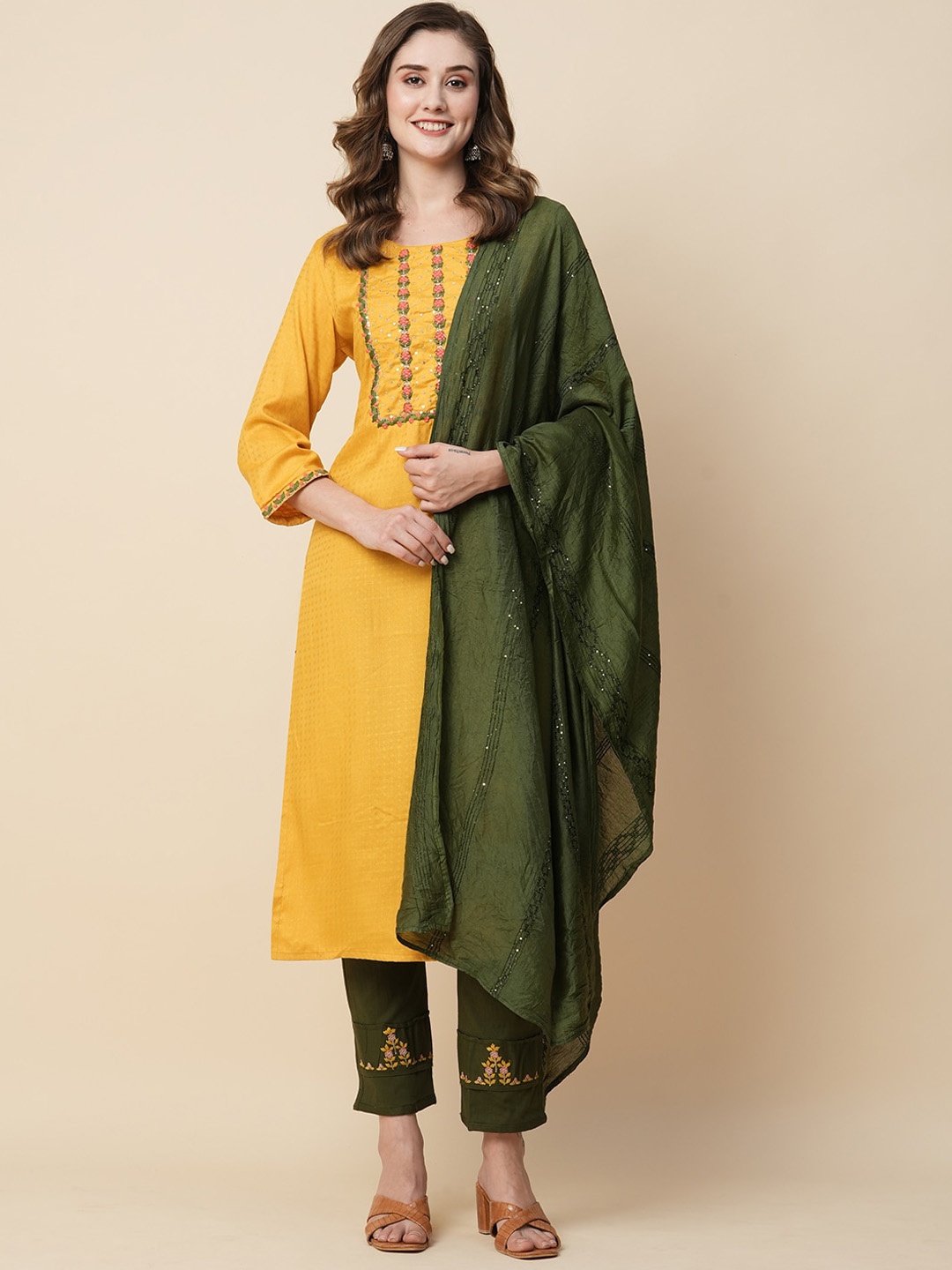 

Kiana Floral Yoke Design Thread Work Kurta With Trousers & Dupatta, Yellow