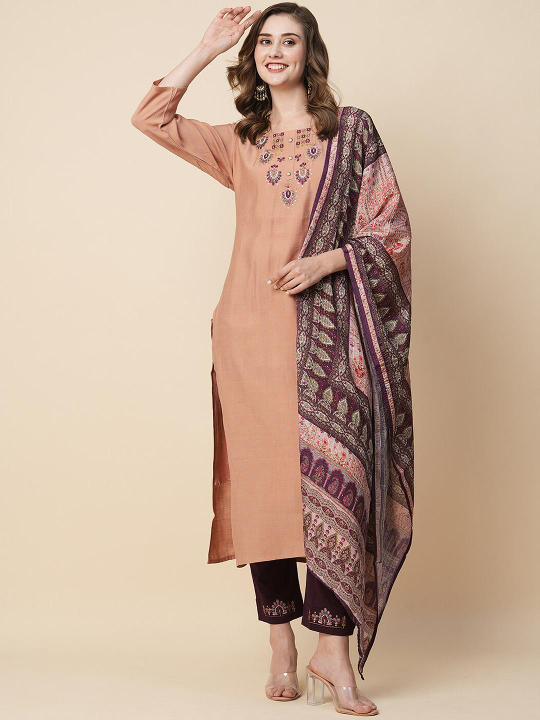 

Kiana Ethnic Motifs Embroidered Sequinned Kurta with Trousers & With Dupatta, Beige