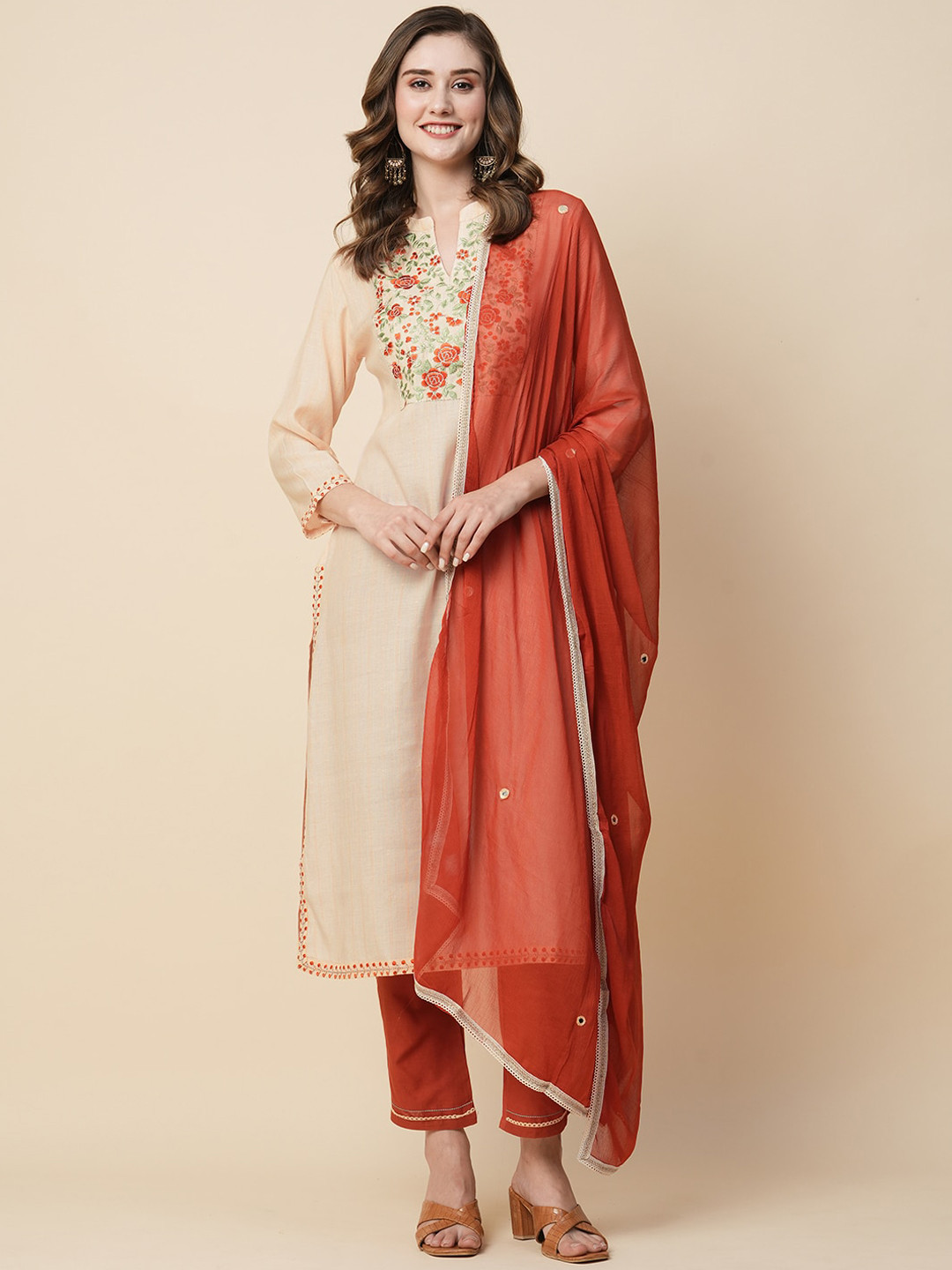 

Kiana House Of Fashion Floral Yoke Design Thread Work Pure Cotton Kurta With Trousers With Dupatta, Orange