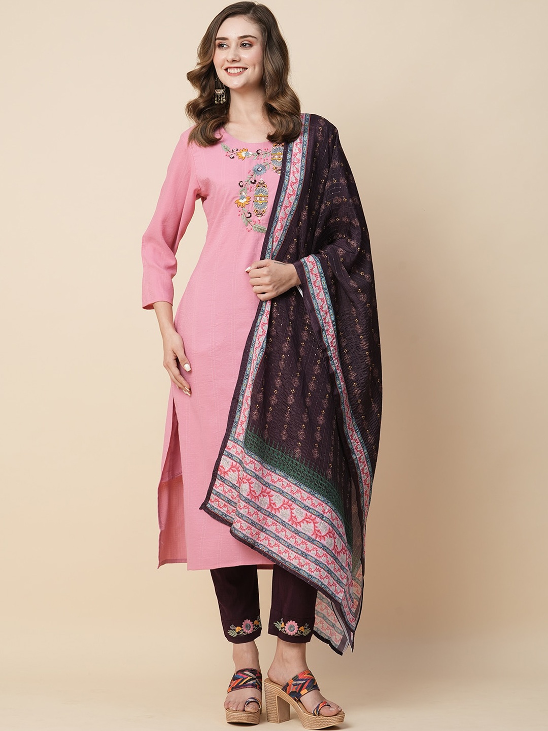 

Kiana Ethnic Motifs Yoke Design Beads and Stones Kurta with Trousers & Dupatta, Pink