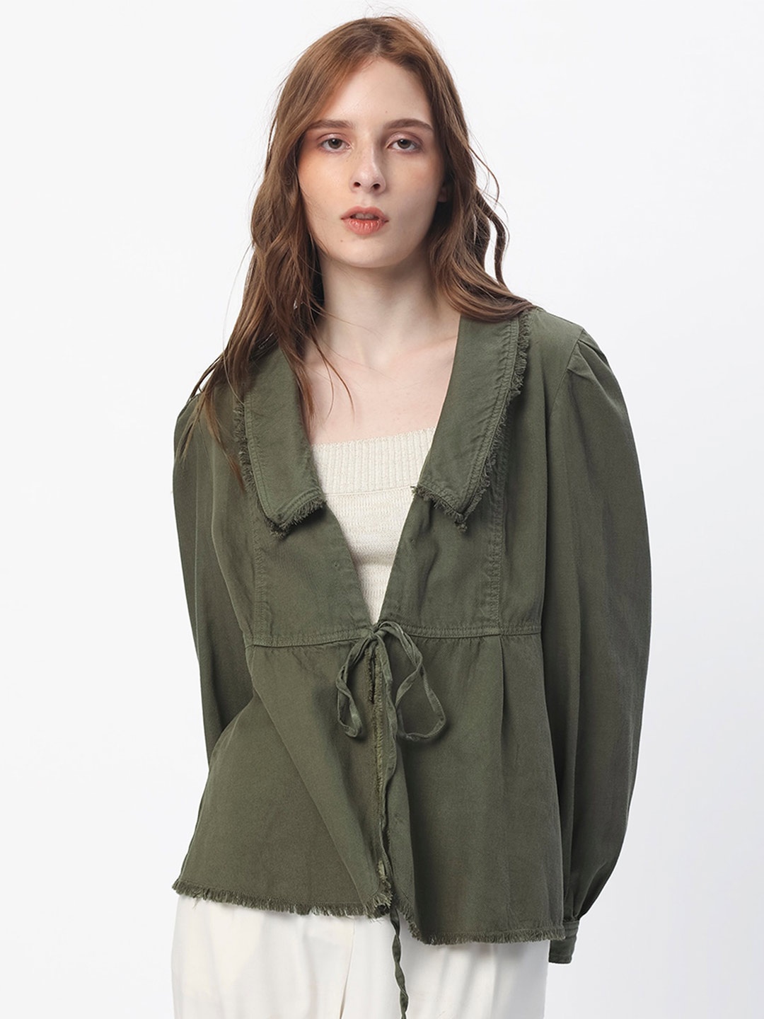 

RAREISM Cuffed Sleeves Cotton Open Front Shrug, Olive