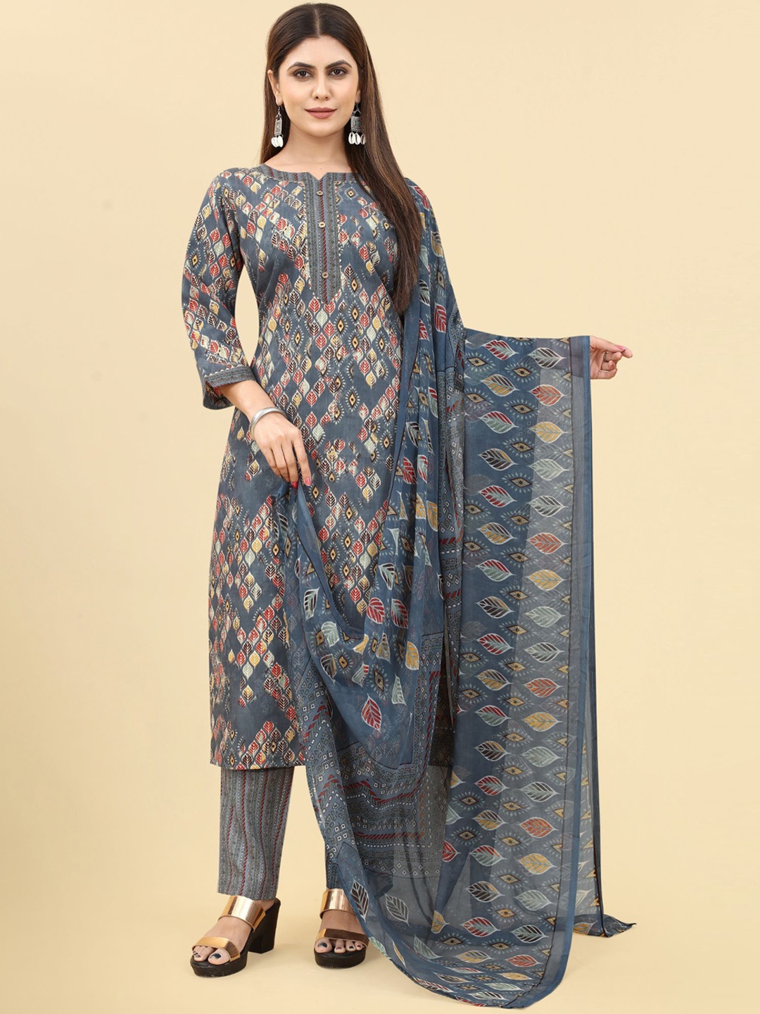 

KALINI Ethnic Motifs Printed Gotta Patti Kurta with Trousers & Dupatta, Blue