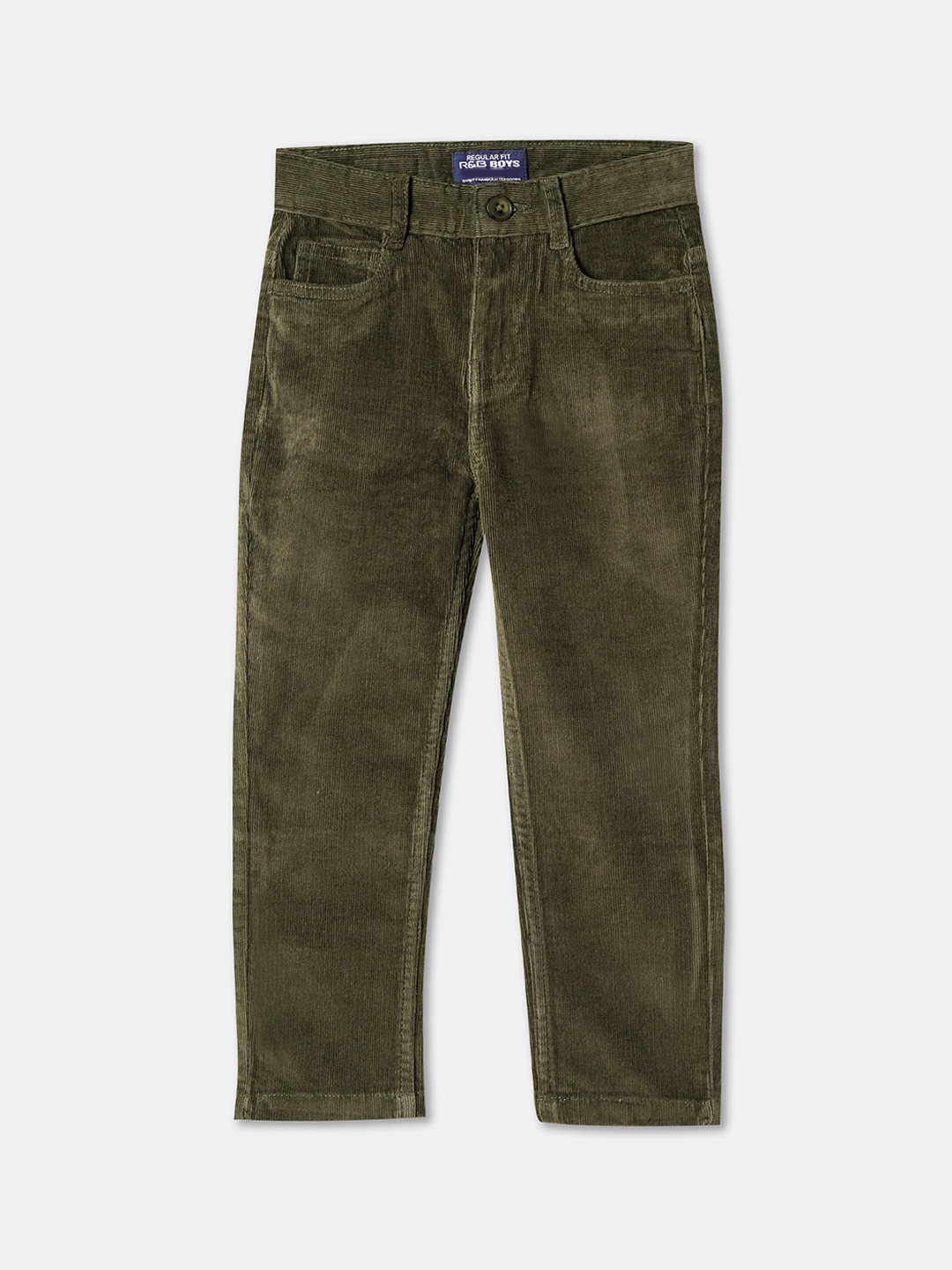 

R&B Boys Slim Fit Mid-Rise Plain Cotton Regular Trousers, Olive