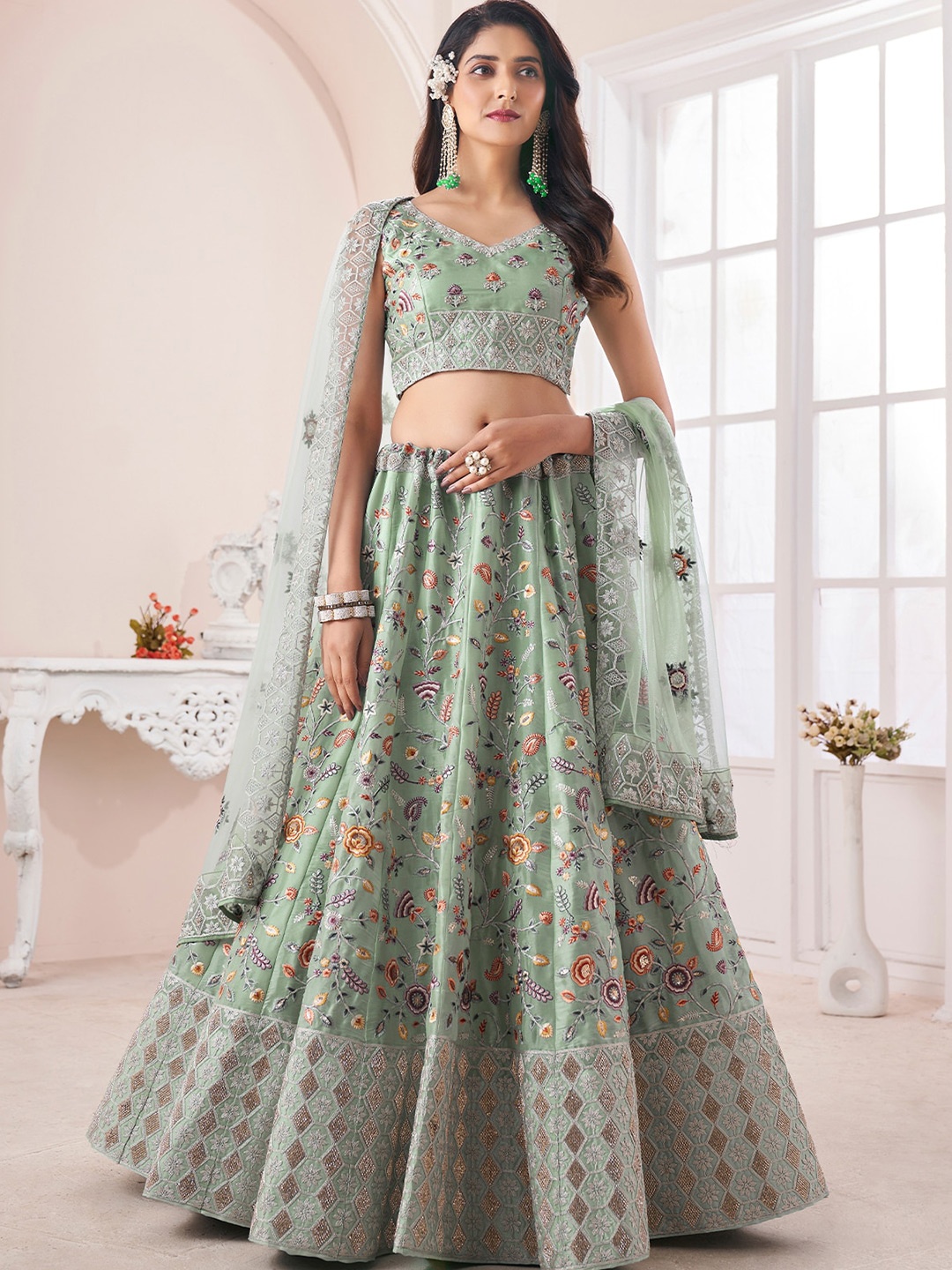 

ODETTE Embroidered Semi-Stitched Lehenga & Unstitched Blouse With Dupatta, Green