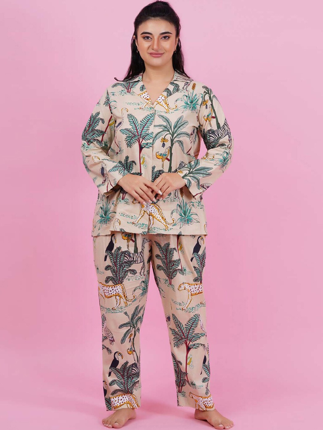 

LastInch Jungle Printed Night suit, Beige