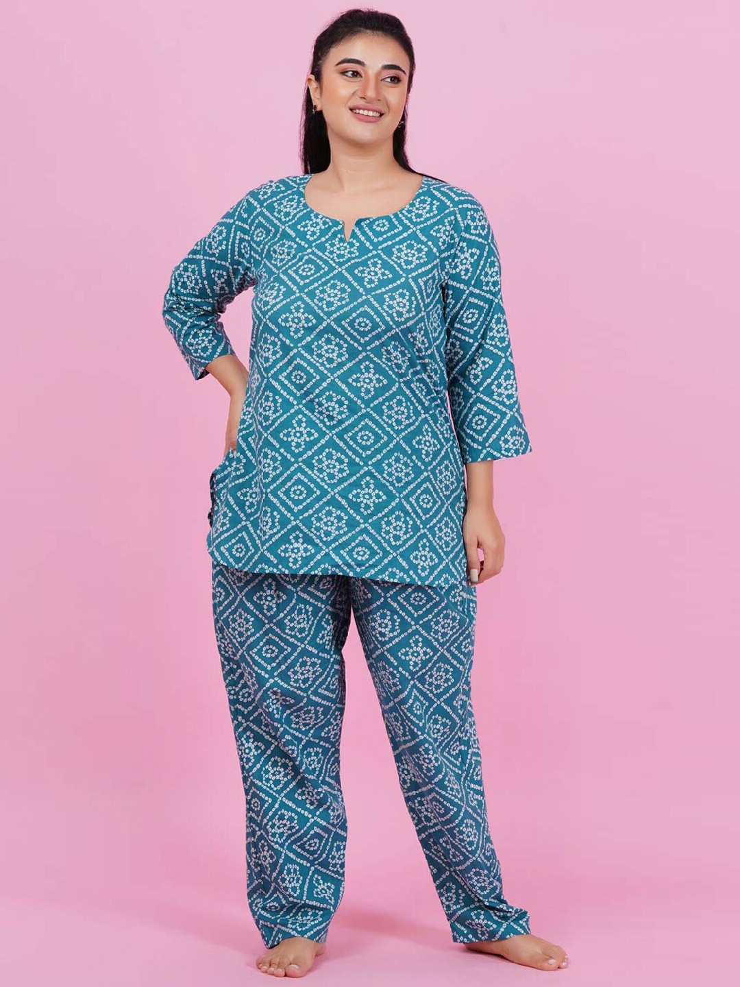 

LastInch Bandhani Printed Night suit, Turquoise blue