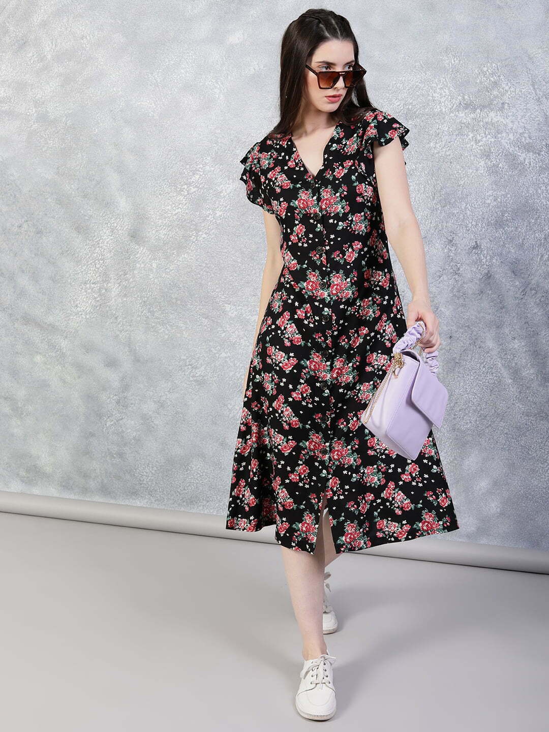 

THE BLACK LOVER Floral Printed Flutter Sleeve A-Line Midi Dress