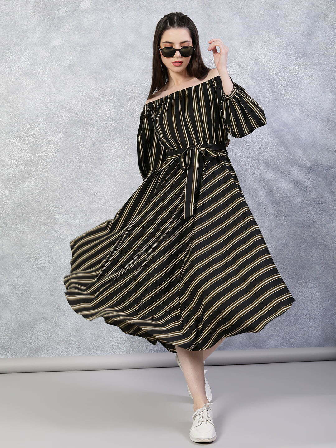 

THE BLACK LOVER Striped Off-Shoulder Crepe Maxi Dress