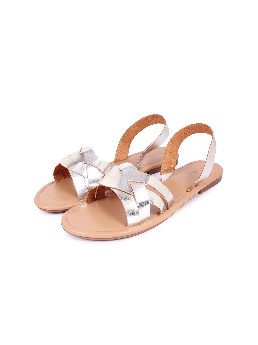 

WZAYA Cross Strap Open Toe Flats With Backstrap, Silver
