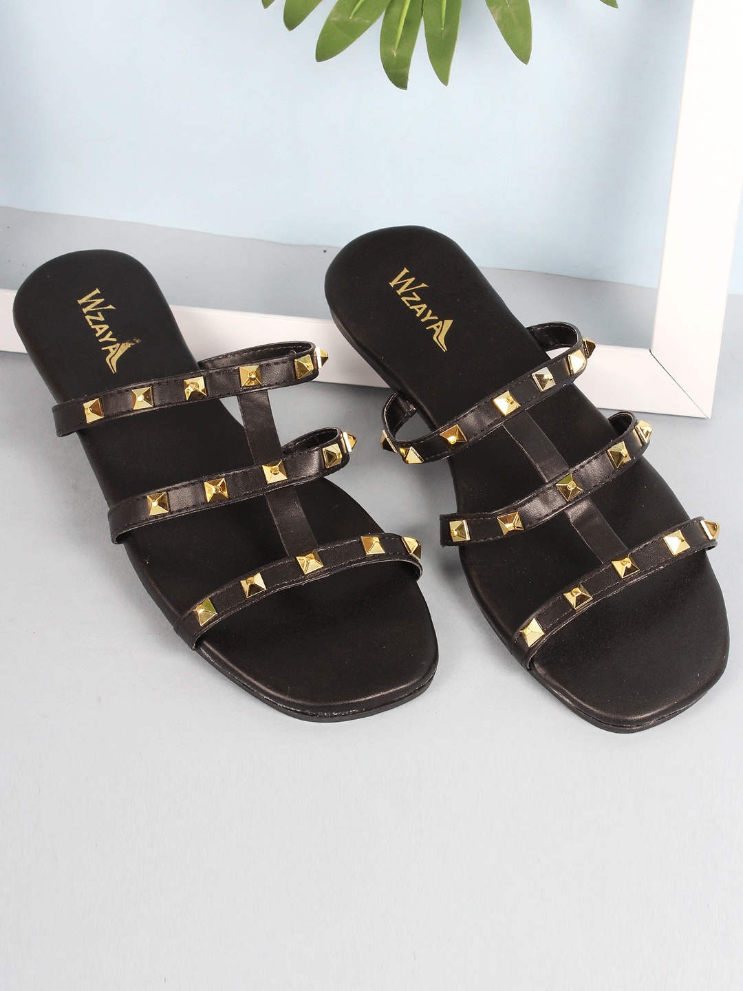 

WZAYA Embellished Open Toe Flats, Black