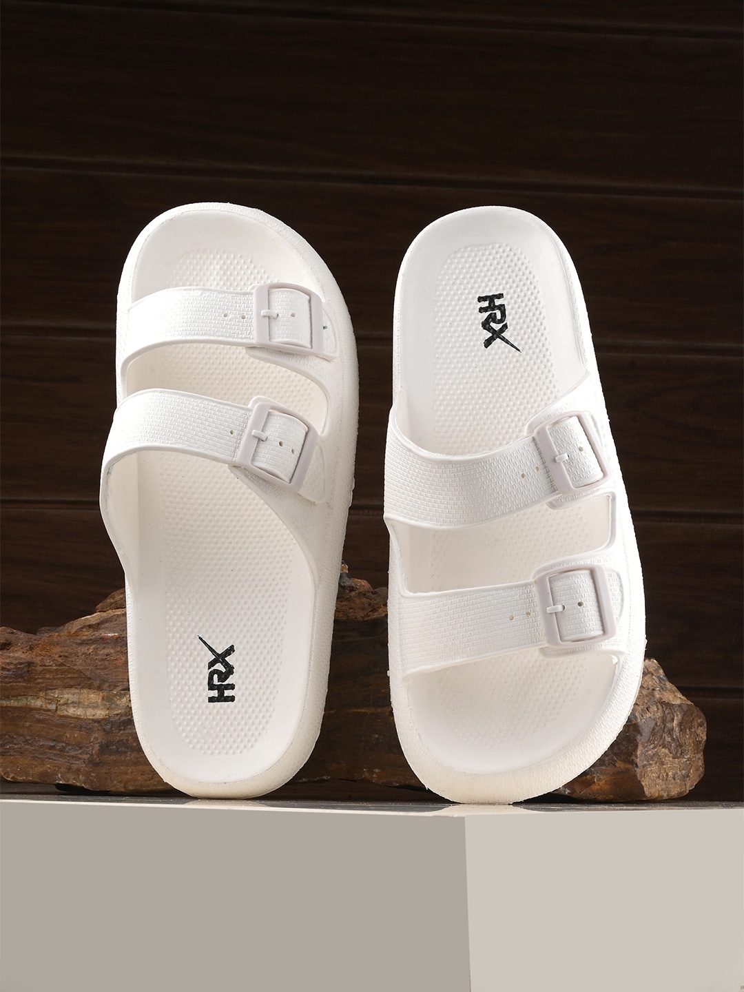 

HRX by Hrithik Roshan Men White Two Strap Rubber Sliders With Buckle Detail