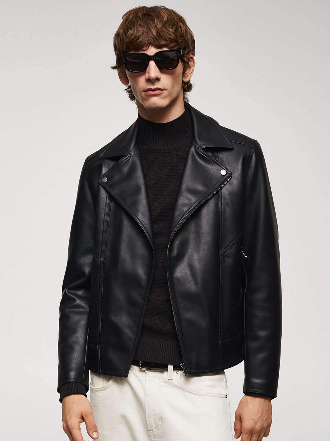 

MANGO MAN Asymmetric Closure Faux Leather Biker Jacket, Black